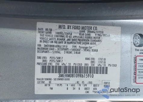 2009 Mercury Milan V6 Premier from USA, damaged, VIN 3MEHM08109R615910